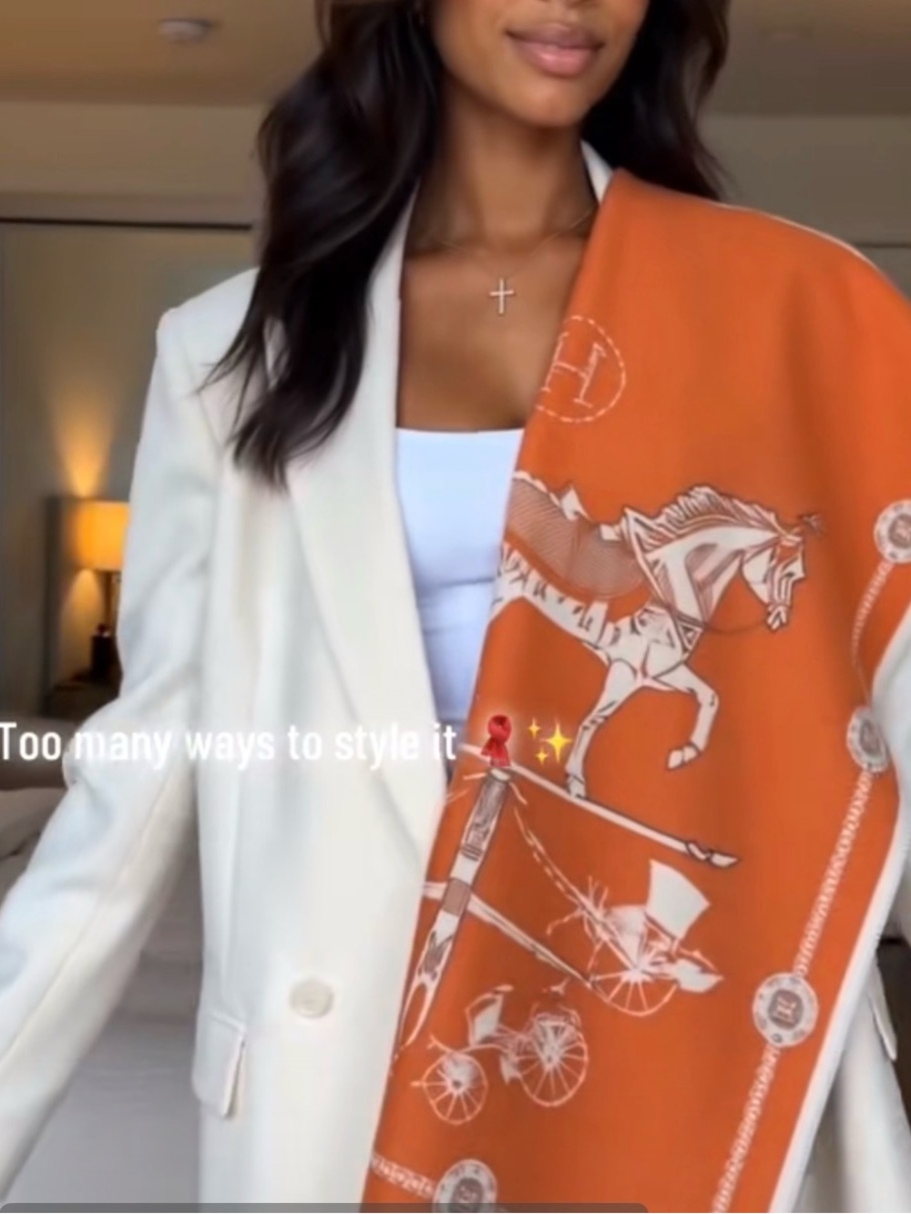 Equestrian Motif Orange and Cream Scarf Wrap